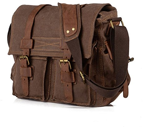 BW Vintage Military Men Canvas Bag - 14.5 inch Mens Vintage Casual Canvas Messenger Bag Men's Military Leather Canvas Travel Briefcase Crossbody Satchel Shoulder School Bag for Notebook Laptop (Brown)