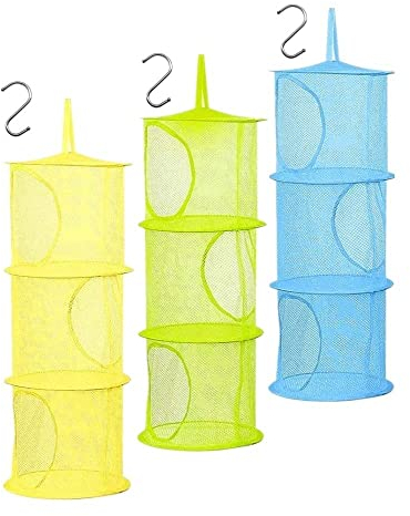 Voarge 3 Stück Set Mesh Hängender Speicher Korb, Tür-Aufbewahrung für Kinder Spielzeug-Organizer zum Aufhängen mit 3 Ebenen tragbar faltbar, für Kleine Kleidung (Blau, Grün, Gelb)