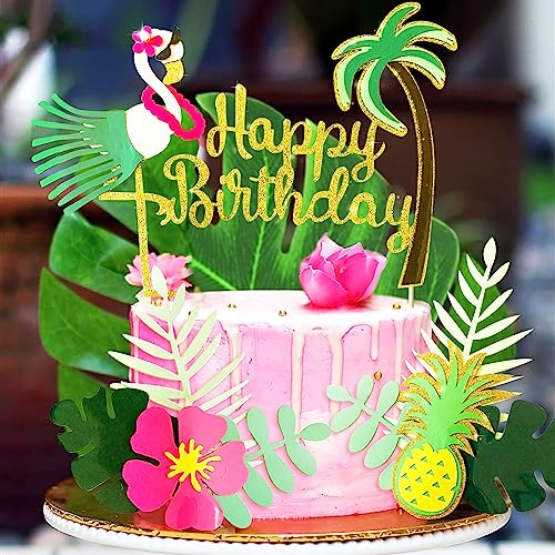 JeVenis Glitzer Flamingo Happy Birthday Cake Topper Ananas Kuchen Dekoration für Tropische hawaiianische Luau Motto Party Supplies