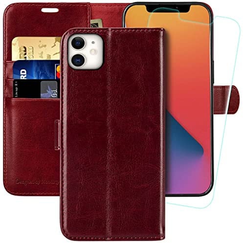 MONASAY Wallet Case for iPhone 11,6.1inch, [Glass Screen Protector Included][RFID Blocking] Flip Folio Leather Cell Phone Cover with Credit Card Holder for iPhone 11, Burgundy