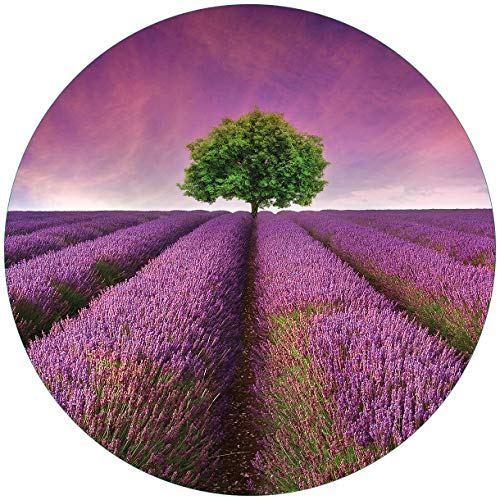 Wallario Glasbild rund Lila Blumenfeld - Rund, 50 cm Durchmesser Wandbild Glas in Premium-Qualität: Brillante Farben, freischwebende Optik