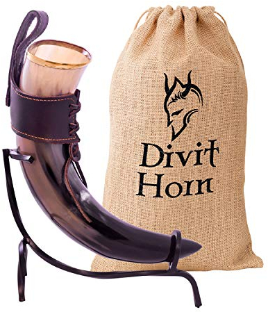 Divit - Cuerno para Beber con Soporte de Hierro, auténtico Cuerno Medieval para Beber Cerveza | Adornos de latón y Saco de Regalo de arpillera Incluido | Capacidad de 16 oz (400-500 ml)
