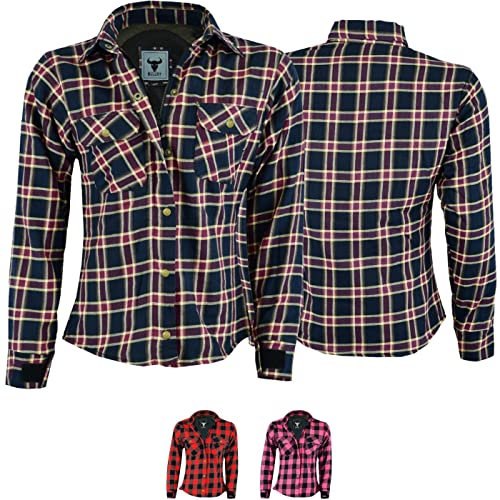 BULLDT Motorradhemd Damen mit abnehmbare 4CE-Protektoren (EN 1621-1) - Klassisch 100% Baumwolle Holzfäller Flanellhemd - Biker Motorradjacke mit Aramid-Kevlar-Futter bietet 360° Schutz Weinrot - 5XL