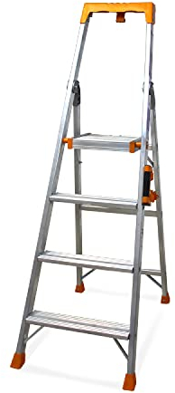 KELI - Échelle Pliable, Escabeau, Marchepied, Fabriqué en Aluminium, Qualité Professionnelle, Poignée de Transport Confort, Porte Outils ABS (4 Marches (Travail à 2,9m))
