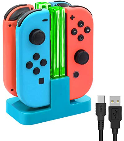 Switch Controller Ladestation für Nintendo Switch/OLED Joy Con, Blau | (Nicht für Switch 2) FYOUNG Switch Quad Ladestation mit LED-Lichtleiste & 1m USB-C-Kabel