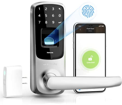 ULTRALOQ UL3 BT 2nd Gen Smart Lock (Satin Nickel) + WiFi Bridge, 5-in-1 Keyless Entry Electronic Door Handle with Bluetooth, Biometric Fingerprint and Touch Digital Keypad