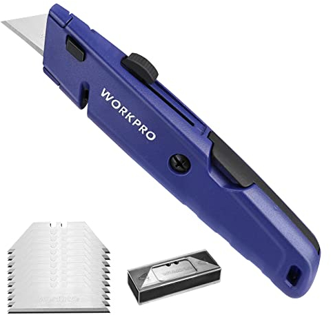WORKPRO Coltello di Sicurezza, Coltello Retrattile, Coltello Taglierino con 13 Lama SK5 di Ricambio a Cambio Rapido, Blu