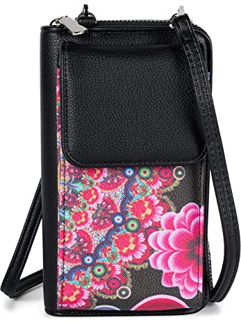 styleBREAKER Damen Mini Umhängetasche Geldbörse mit Ethno Blumen Blüten Muster, Handy Fach, RFID Schutz, Crossbody Bag 02012378, Farbe:Schwarz-Rot-Pink