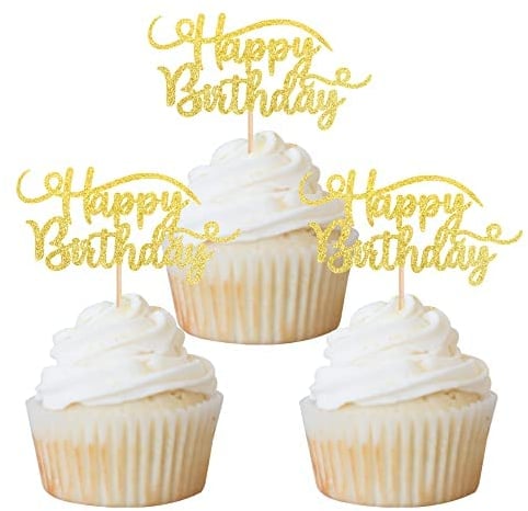 Xsstarmi 24 PCS Happy Birthday Cupcake Toppers Glitter Birthday Cupcake Picks for Celebrating Happy Birthday theme Kids Boys Girls Birthday Baby Shower Anniversary Party Cake Decorations Supplies Gold