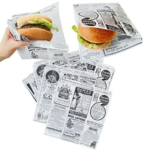 Tocnvoe - 200 pcs 19X17cm Papel Antigrasa para Alimentación, Bolsa de Papel, Durable, Resistentes a la humedad y Grasas, para Bocadillo, Hamburguesas, Snacks, Patrón Periódico