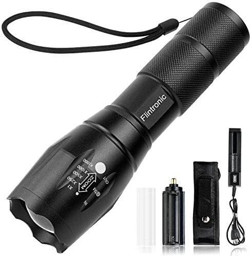 flintronic Linternas LED Alta Potencia, Linternas LED con 1 Cargador + 1 Convertidores de Batería, 2200Lúmene 5 Modos Impermeable Zoomable Linterna Táctica para Acampar (No Batería)