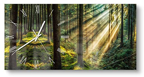 DEQORI Glasuhr | vertikal 60x30 cm | Motiv Licht durchbricht Bäume | große XXL Design Uhr aus Glas | leise Wanduhr für Wohnzimmer & Küche | moderne Hingucker Uhr für die Wand