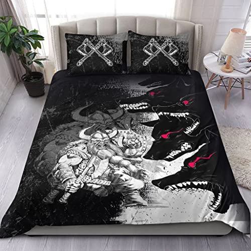 Viking Berserker and Wolf Fenrir Red Eyes Bettwäsche-Set, Runen-Symbole, 3D-Druck, Vintage-Tattoo-Design, 3-teiliges Bettwäsche-Set, weich, faltenfrei, maschinenwaschbar mit Reißverschluss ( Color : B