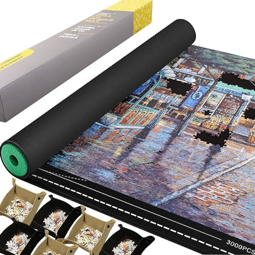 Lwoeo Jigsaw Puzzle Mat Roll Up, No Creases 49.2” x 35” Rubber Saver Pad Up to 3000 Pieces, Black Large Puzzel Matte Rollup with 6 Sorting Trays & 1 Storage Bag. Ideal for Holiday and Birthday