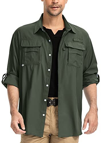 yeyity Camicia da uomo a maniche lunghe, safari, UPF50, protezione UV, traspirante, con bottoni, per il tempo libero, per escursioni, pesca, trekking, verde militare, XXL