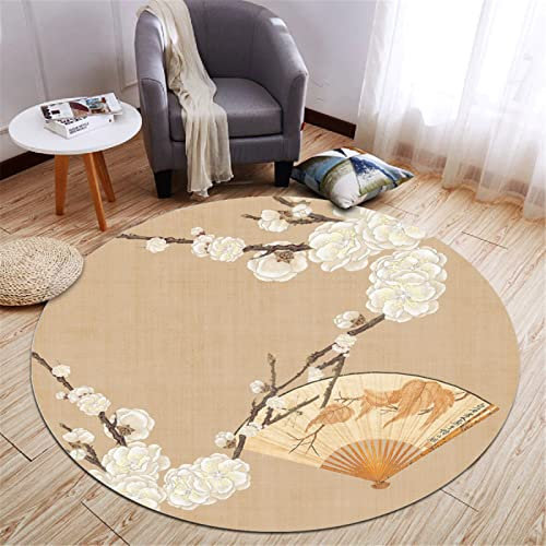 Highdi Tapis Rond Salon Rétro Chinois Tapis de Sol Décoration Antidérapant pour Salon Chambre Cuisine Balcon Terrasse Salle à Manger Intérieur & Extérieur (120cm,Fleur Beige)