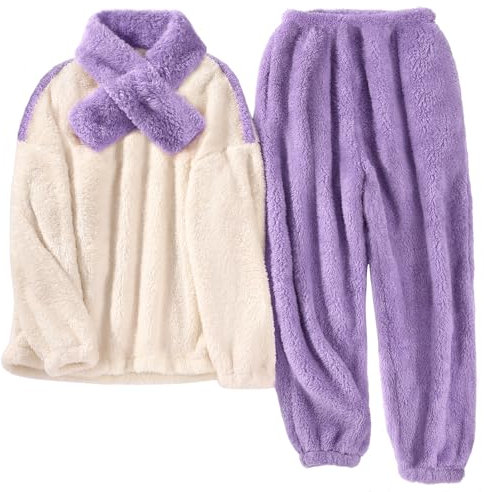 TOMEEK Pigiama da Donna Completo Invernale in Morbido Pile Polare Completo per Il Tempo Libero con Top a Maniche Lunghe Pantaloni e Sciarpa Pigiama Accogliente Pjs da Donna, Viola,Taglie L