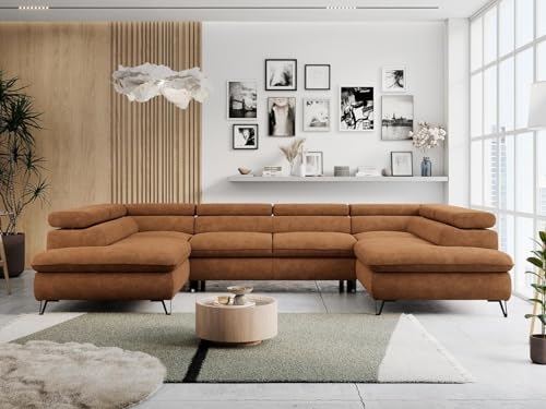 MKS MEBLE Sofa U-Form Orange, Wohnlandschaft U-Form, Sofa mit Schlaffunktion und Bettkasten, Schlafsofa mit Bettkasten, Couch mit Verstellbare Kopfstützen - Peter U - Orange Struktur