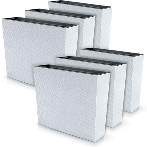 IMJ-Global Juego de 6 macetas rectangulares para flores y plantas, de plástico, 58 x 18 x 49,8 cm, para interior y exterior, color blanco, volumen 44 litros, diseño moderno