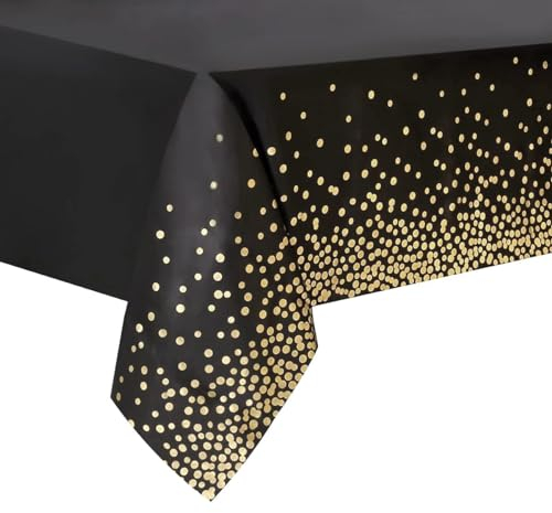1 Stück Schwarz und Gold Party Tischdecke,137cm x 274cm Einweg Confetti Geburtstag Rechteckige Party Tischdecke für Geburtstag,Jahrestag,Weihnachten