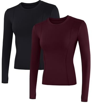 IECCP Damen Gym Sport Top Langarm Yoga Crop Tops Leicht Laufshirts Fitness Langarmshirt Workout Oberteil mit Daumenlöchern für Damen 2er Pack Schwarz und Wine Rose L