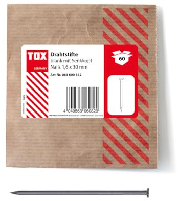 TOX 1,6x30 mm Drahtstifte Nails Senkkopf für einfache Holzverbindungen und Ebene Flächen, blanker Stahl, 60 STK. in Einer wiederverschließbaren und umweltschonenden Papierverpackung, 063600152, Silber