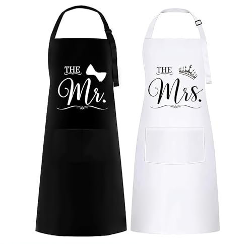 YILANJIN 2 Stücke Mr & Mrs Schürze,Wasserdicht Kochschürze mit Taschen, Schürzen für Männer Damen, Paar Geschenk Schürze für Hochzeit,zum Kochen, Backen, Malen, Hausarbeiten(Schwarz & Weiß)