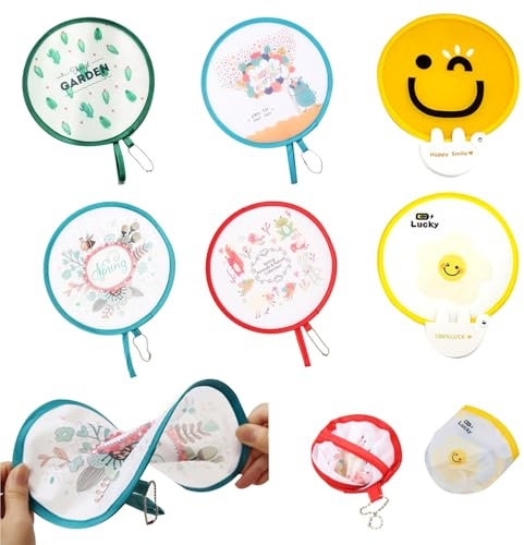 BSITSSS 6PCS Foldable Fan Round Folding Hand Fan Summer Festival Handheld Folding Fan Portable Beautiful Patterns Display Fans, Round Hand Fan for Home Personal Decoration Party Wedding
