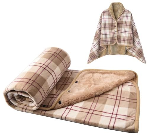 SIVENKE Poncho da donna in pile portatile, coperta a scacchi, comoda coperta in peluche, coperta avvolgente con bottoni per letto, divano, ufficio, marrone, 100 x 140cm