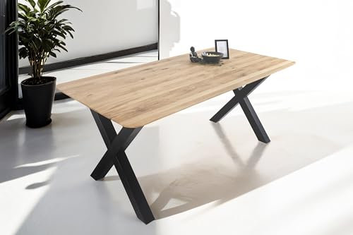 SAM Esstisch 200 x 100 cm Lotte, Eichenholz massiv & geölt, Esszimmertisch mit Schweizer Kante/runde Ecken, X-Gestell aus Metall Schwarz, pflegeleichter Holztisch