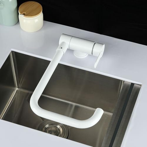 XJTNLB Grifo Cocina Abatible Blanco Grifos Cocina Fregadero Bajo Ventana Grifo Monomando de Cocina Plegable y Rotacion 360º-A