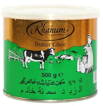 Khanum - Grasso per burro puro Ghee, 4 x 500 g, di alta qualità per friggere, cucinare e cuocere, perfetto per friggere, alto punto di fumo, senza additivi con adesivo Kajal