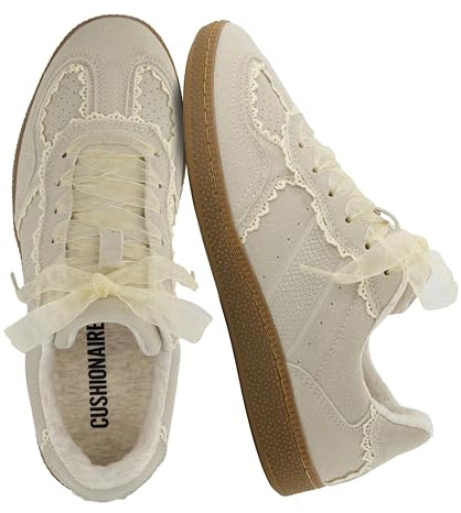 CUSHIONAIRE Belinda Women’s Lace Detail Casual Sneakers – Elegant Ribbon Lace-Up Summer Shoes for Women with Memory Foam, IVORY 6