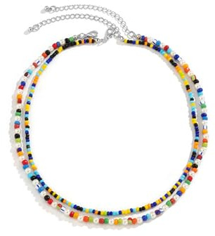 Skcess Herren Ketten, Legierung Ketten Herren Schmuck Bunt Doppelschichtige Bunte Perle mit Perle Ketten Halsketten 47cm