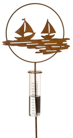 Regenmesser Gartenstecker Segelschiff im Ring H:100 cm im Rost Design - Deko Niederschlagsmesser maritim, Schiff, Küste, Maritime Gartendeko Segelboot, Metalldeko