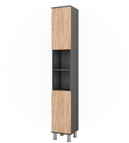 Vicco Hochschrank Fynn, Badezimmerhochschrank, Anthrazit/Goldkraft Eiche, 30 x 190 cm