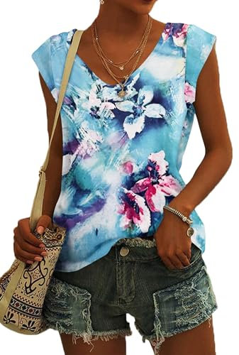NARRAME T-Shirt d'été à Manches Courtes et col en V pour Femme - Débardeur léger et décontracté À Fleurs Bleu Ciel Rose Grand L 42-44