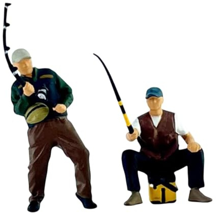 JISADER 2 Teile 1/64 Mini Fisherman Figuren, Resin Angler Diorama Figures Decor, Miniaturen Figuren Spielzeug, Männlicher Angler mit Angelruten für Fotografie Requisiten DIY Szene Ornament