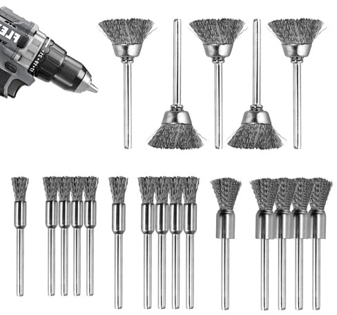 LERANXIN Pincel de Limpieza de Metales 20 Piezas | Cepillo Alambre Taladro Diámetro Vástago 3 mm | Cepillo Taladro 4 Tamaños | para Pulir, Esmerilar, Eliminar Óxido & Pintura