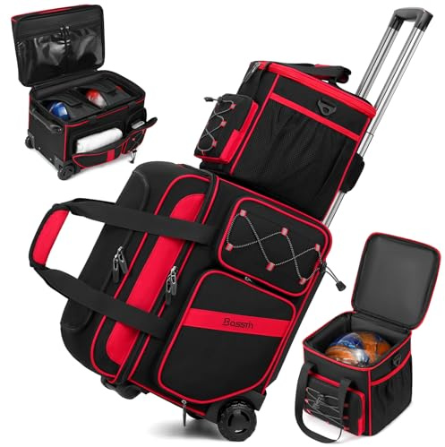 BOSSTIN 3 Ball Bowling Bag with Wheels, 2 Ball Roller with Add-on Tote | Large Shoe Compartment, Retractable Heavy-duty Handle, 900D Water-resistant Fabric, Easy Rolling, for League & Casual Bowlers