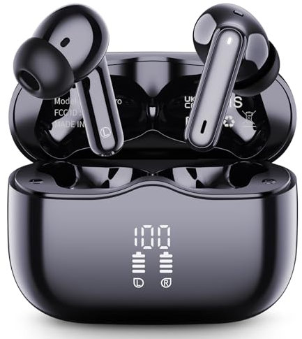 Auriculares Inalámbricos Bluetooth, Auriculares Bluetooth 5.4 con 40H HiFi Estéreo, 4 Mic, Reducción de Ruido, IP7 Impermeable Cascos inalambricos con Pantalla LED, Carga Rápida, Ajuste Cómodo, USB-C
