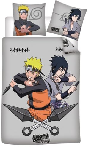 Naruto Shippuden Bettwäsche 140x200 + Kissenbezug 65x65 Naruto Sasuke Junge | Wendebettwäsche Einzelbett | Naturbaumwolle atmungsaktiv Oeko-Tex | Offizielle Manga Lizenz | Geschenk | Maschinenwaschbar