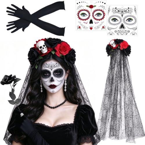 Nepturion Dia de los Muertos Haarreif Schleier, Karneval Haarreif und Schleier Gesichtstattoo, Mexikanische Stirnband Kopfschmuck Rosen Totenkopf, für Fasching Karneval Halloween Cosplay