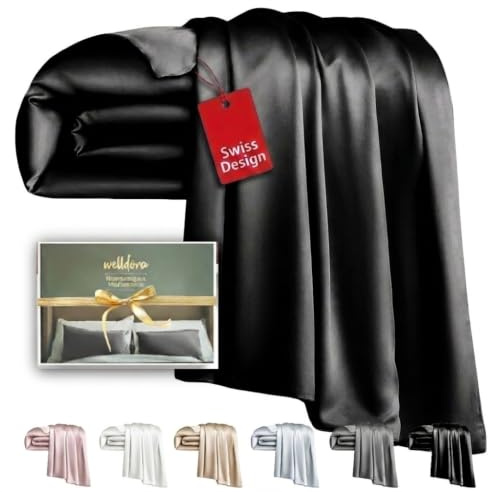 Welldora Deckenbezug 135x200 | 100% Seide 22 Momme Graphitschwarz | Luxuriöser Seidendeckenbezug aus Maulbeerseide | Höchste Güteklasse 6A, sanft zu Haut & Haar | OEKO-TEX zert. in der Schweiz