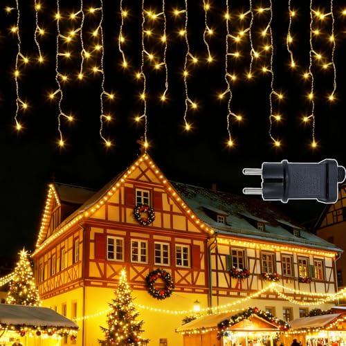 ZCLIKEU Eisregen Lichterkette Außen 5m 200LED Warmweiß mit Stecker, 8 Modi Lichtervorhang Weihnachtsbaum Lichterkette Innen mit Timer Speicherfunktion für Hochzeit, Traufe Weihnachten Treppe