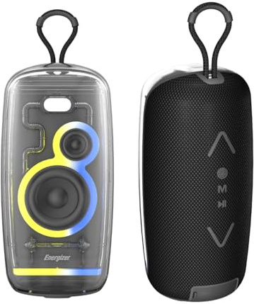 Energizer Tragbarer Bluetooth-Lautsprecher mit TWS Stereo-Sound 16 W und integrierter Powerbank, Autonomie 5 h, Mikrofon, FM, LED RGB und Bluetooth 5.2, wasserdichter Lautsprecher IPX5 für Musik