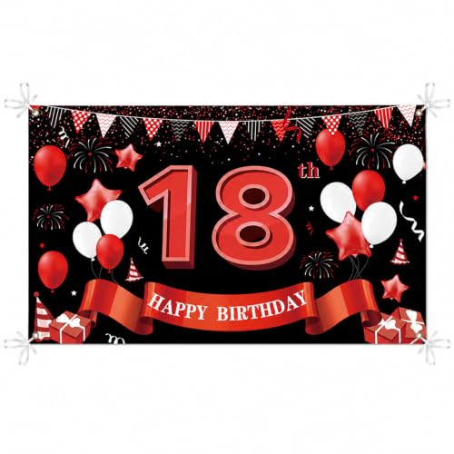 PIMXL 18. Geburtstag Banner Rot, 180 x 110 cm, Geburtstagsbanner für Jungen und Mädchen, mit Seil