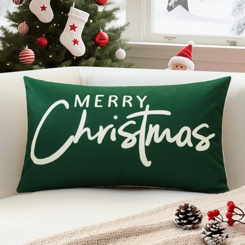 Sungeek 1 Stück Weihnachten Kissenbezug, Winter Kissenbezüge Dekorative Zierkissenbezüge Weihnachtsdeko Kissenhülle für Sofa Wohnzimmer Schlafzimmer (40x60 cm, Merry Christmas Grün)