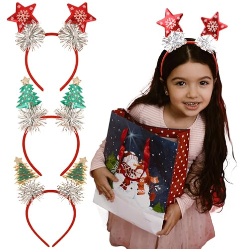 KIUEZIR 3 Packs Christmas Headbands for Women - Festive Star & Tree Designs with Silver Glitter Ribbon, Sparkly Red & Green Hairbands for Adults Holiday Gatherings, Christmas Photos & Party Headwear