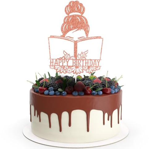 Reading Happy Birthday Cake Toppers Rose Gold Book Lovers Cake Decors Book Club Birthday Party Decorations Glitter Cupcake Toppers Anniversary Decoration Supplies for Dessert Fruit Cookies